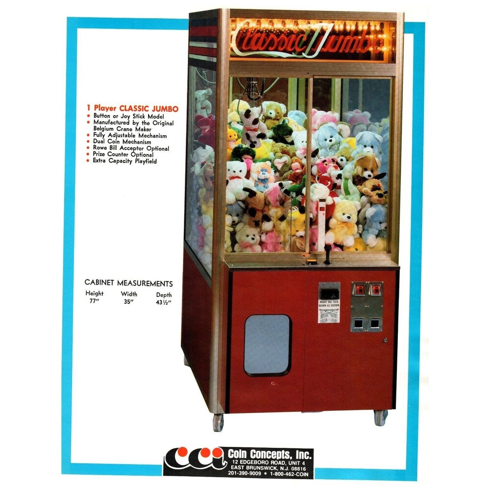 Coin Concepts Inc Classic Jumbo Claw Machine Arcade Game Brochure Paper Ad Sheet